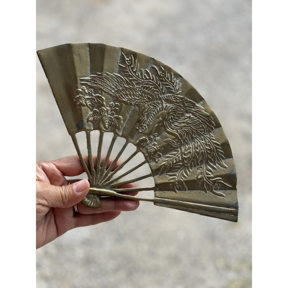 Solid Brass Mid-Century Asian Fan With Phoenix Wall Decor Display Embossed Bird